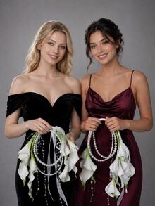 Elegant White Calla Lily Pearl Bridal Handheld Wreath Bride Wedding Decor For Outdoor Wedding Party - White - View 2