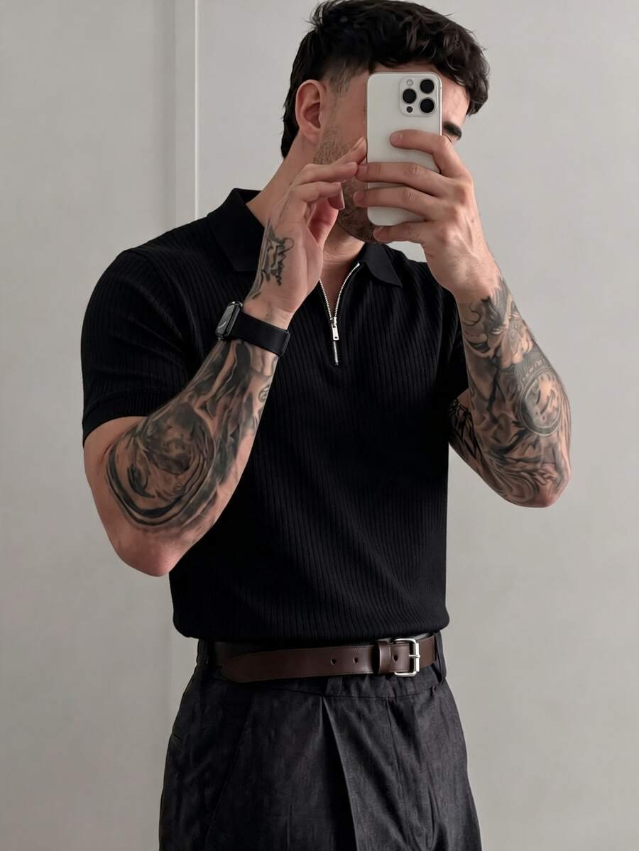 Men's Summer Fashion Classic Ribbed Zipper Polo Collar Short Sleeve Knit Sweater, Essential Summer Wardrobe Knit Top