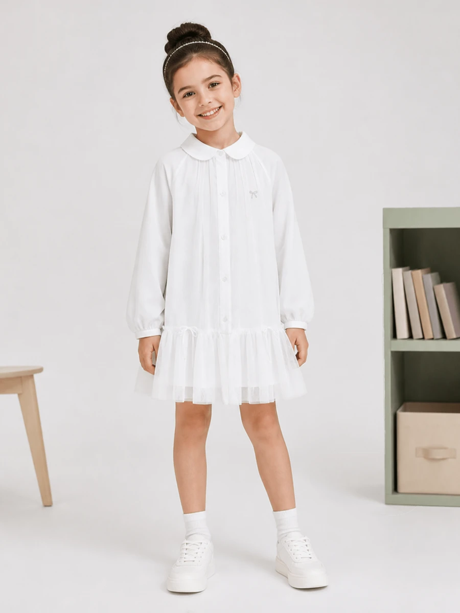 Balabala Girls' Mesh Patchwork Ruffle Hem Bow Print Long Sleeve Shirt Dress, Spring 2026 Collection
