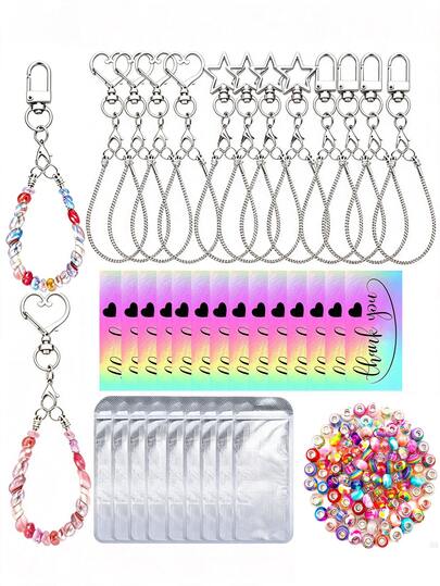 22/66PCS Creative Heart, Star, Door Knob Shaped Keychain Set With Mini Lobster Clasp, Includes Connecting Chain, Cardboard Packaging Bag, Random Style Beads, DIY Key Ring, Key Chain For Music Festival, Back To School, Holiday Gift
