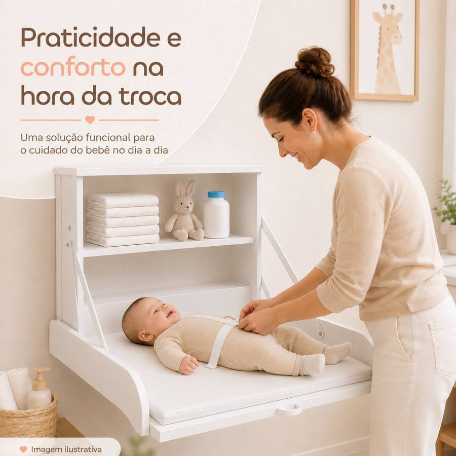 Trocador de Parede MDF com Colchonete e Prateleira 75cm Fraldário Bebê Trocador de Fralda Fixação Segura - Branco - Visão 1