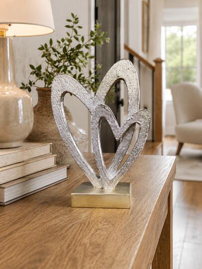Silver Double Heart Sculpture With Gold Base, Modern Abstract Love Figurine, Tabletop Home Decor For Living Room Bedroom Shelf Mantel Entryway, Romantic Wedding Anniversary Valentine Gift