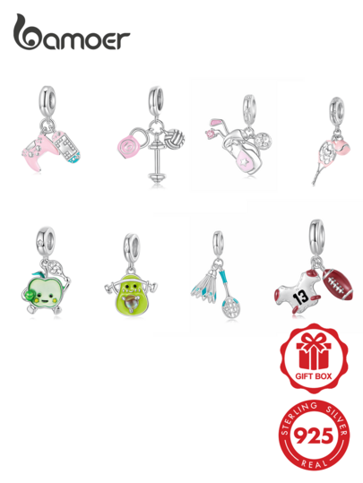 Bamoer S925 Sterling Silver Sports Theme Charm Kettlebell Volleyball Badminton Rugby DIY Bracelet Pendant Gift For Sports Lovers