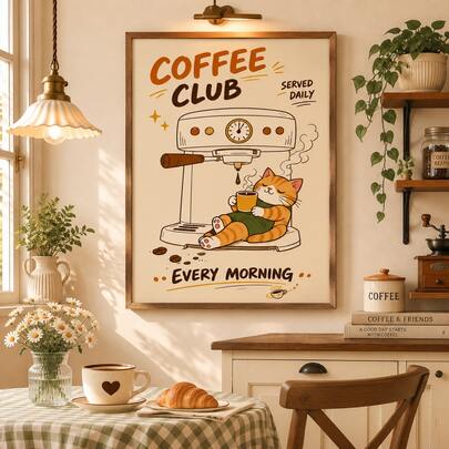 Coffee Club Cat Canvas Wall Art, Unframed, Retro Cute Cat Coffee Print, Kitchen Coffee Bar Decor, Funny Cat Poster, Coffee Lover Gift, Retro Coffee Poster, Kitchen Coffee Decor, Minimalist Kitchen Wall Art