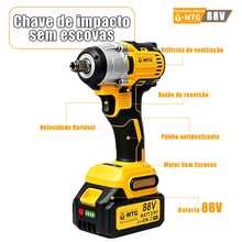 Chave de Impacto Sem Fio MTG 88V Motor Sem Escovas, Torque Máximo 500N.m, 2 Velocidades Ajustáveis, 2 Baterias Li-ion 1300mAh com Visor de Carga, Encaixe 1/2", Maleta Inclusa para Mecânica e Montagem - Amarelo - Visão 5