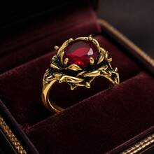 1pc Gothic Style Rose Ring 5A Cubic Zirconia Gold Red Stone Personalized Ring Unisex Vintage Floral Ring Party Anniversary Gift - Gold - View 8
