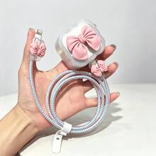 5pcs/Set Pink Bow Design 20W UK Plug Charger Protective Cover + Anti-Break Data Cable Sleeve Protector Compatible With IPhone 11/12/13/14/15/16 Pro Max/Plus - Multicolor - View 1