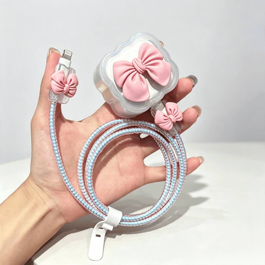 5pcs/Set Pink Bow Design 20W UK Plug Charger Protective Cover + Anti-Break Data Cable Sleeve Protector Compatible With IPhone 11/12/13/14/15/16 Pro Max/Plus - Multicolor - View 1