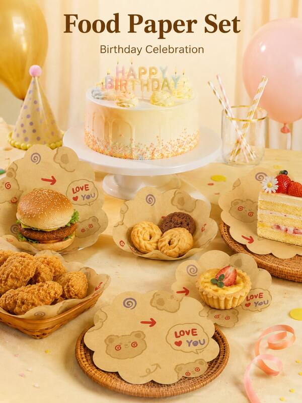 15pcs 2-Style Mixed Cute Cartoon Bear Round Food Wrapping Paper, Decorative Burger Sandwich Snack Liner, Suitable For Holiday Celebration, Birthday Party, Anniversary Table Setting