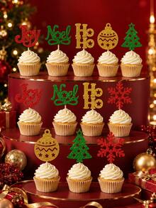 24PCS Gold Glitter Xmas Cake Toppers, Christmas Cupcake Picks In 6 Festive Designs, Holiday Party Dessert & Baking Decorations - Style a - View 6