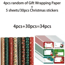 34/68/106pcs Christmas Gift Wrapping Paper Santa, Snowflake, Stripe, And Christmas Tree Designs, Includes Christmas Stickers - Multicolor - View 11