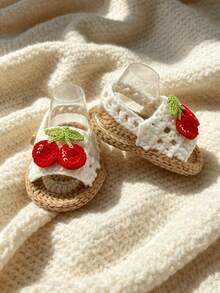 1 Pair Handmade Crochet Infant Sandals With Cherry Applique, White And Tan, Infant Summer Shoes - White - View 5