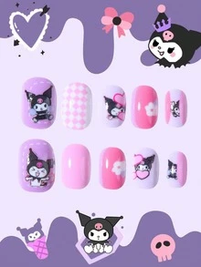 Sanrio Kuromi 24片 Y2K 短方型美甲貼，附可愛 Kuromi、花朵與愛心圖案，完美貼合壓克力假指甲組，Hello Kitty 美甲，適合女性與女孩日常使用 - 彩色 - 查看 1