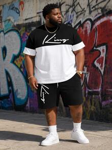 Men's Street Casual Sports Set With "Contrast Color KING" Graphic Design - Made Of Polyester Knit Fabric, Round Neck, Drawstring Shorts, Pockets, Regular Fit, Suitable For Plus Size - Multicolor - View 1