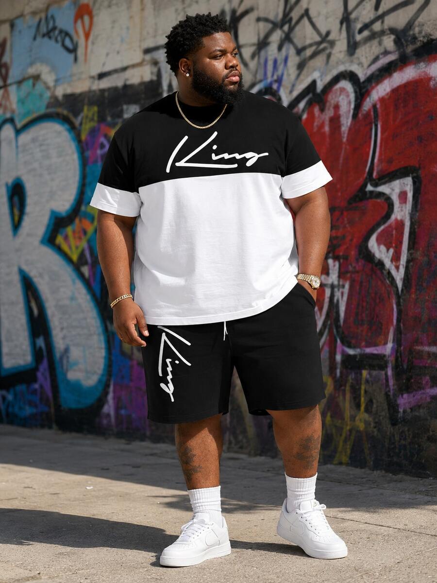 Men's Street Casual Sports Set With "Contrast Color KING" Graphic Design - Made Of Polyester Knit Fabric, Round Neck, Drawstring Shorts, Pockets, Regular Fit, Suitable For Plus Size - Multicolor - View 1