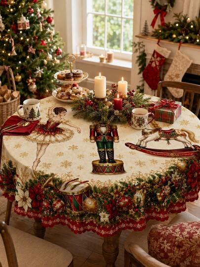 Christmas Rectangular/Circular/Oval Decorative Tablecloth With Nutcracker Rocking Horse Christmas Decoration Pattern, Paired With Scallop Lace, Suitable For Christmas Dinner, Winter Holidays, Family Banquets, Kitchen Table Decoration