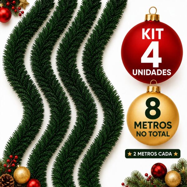 Kit 4 Festão Verde 2 Metros Enfeite De Natal Decoração Natalina Guirlanda Fitilho Fita Ornamentação Natal Natalino