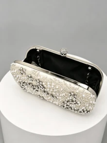 1pc Apricot Handmade Beaded Evening Clutch, Pearl & Rhinestone With Embroidered Floral Pattern, Ball-Shaped Rhinestone Clasp Design, Detachable Chain, Wedding Party Gala Dress Accessory Clutch Bag - Apricot - View 4