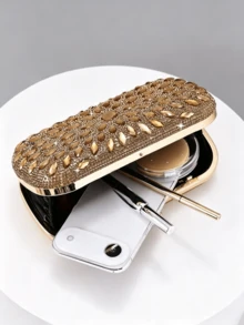1pc Gold Full Rhinestone Hard Shell Evening Clutch, Horse Eye Rhinestone Radial Pattern, Spherical Rhinestone Bead Lock, Heavy-Duty Rhinestone Craft, With Detachable Chain, Suitable For Wedding, Banquet, Party, Dress Matching - Gold - View 4