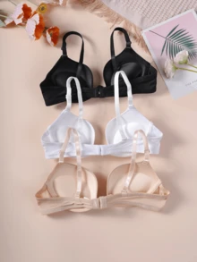 3pcs/Set Teen Girls Solid Color Smooth Underwire Bra, Adjustable Spaghetti Strap Multi-Hook Back Closure Everyday Lingerie - Multicolor - View 2