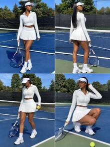 White Stand Collar Zipper Short Long Sleeve Jacket + High Waist Pleated Sports Skirt 2-Piece Set Women's Casual Outfit - White - View 4