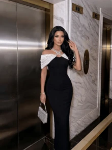 Off-Shoulder Rhinestone Embellished Black Knit Fabric Fitted Formal Party Maxi Dress Wedding Fall - Black and White - View 1