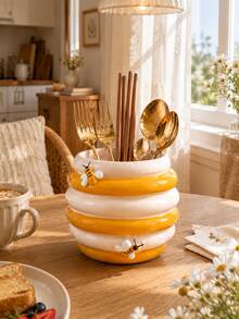 1pc Bee Shaped Kitchen Countertop Utensil Holder, Cute Cutlery Storage Box, Can Hold Forks, Spoons, Chopsticks, Honeycomb Style Utensil Organizer, Farmhouse Kitchen Decor, Countertop Utensil Rack, Housewarming Gift - Multicolor - View 2