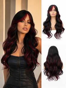 Black With Burgundy Front Highlights Wavy Synthetic Wig, Gothic Halloween Cosplay Heat Resistant Hair Wig For Women Daily Wear - Red Highlight - View 10