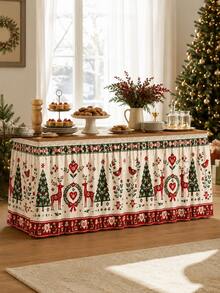 1pc Christmas Reindeer Christmas Tree Table Skirt, Nordic Country Style Polyester Red & Green Folk Floral Print Rectangular Buffet Dessert Table Cover, Suitable For Christmas Dinner, Holiday Party, New Year Home Decor - Multicolor - View 10