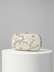 1pc Apricot Handmade Beaded Evening Clutch, Pearl & Rhinestone With Embroidered Floral Pattern, Ball-Shaped Rhinestone Clasp Design, Detachable Chain, Wedding Party Gala Dress Accessory Clutch Bag - Apricot - View 2