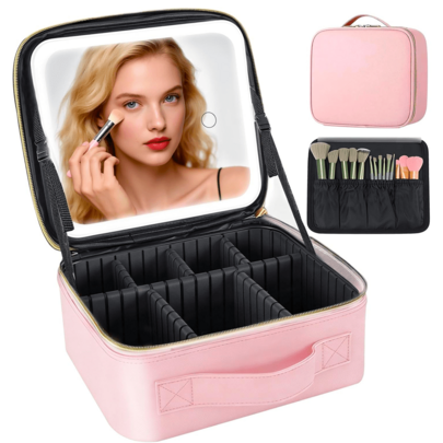 Travel Makeup Bag With LED Light Mirror, Large Capacity Portable Cosmetic Bag For Skincare, Lipstick, Makeup Brushes, Phone, Home, Gift, Vacation, Holidays, Bohemian Style, Beach, Bathroom, Bedroom, Aesthetic