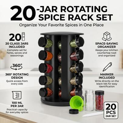 360° Rotating Spice Rack With 16/20 Glass Jars, 100ml Spice Containers, Bamboo & Metal Kitchen Countertop Organizer, Space-Saving Seasoning Carousel For Herbs, Spices & Dry Ingredients, Black & Natural Bamboo