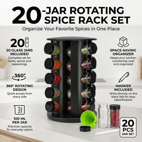 360° Rotating Spice Rack With 16/20 Glass Jars, 100ml Spice Containers, Bamboo & Metal Kitchen Countertop Organizer, Space-Saving Seasoning Carousel For Herbs, Spices & Dry Ingredients, Black & Natural Bamboo