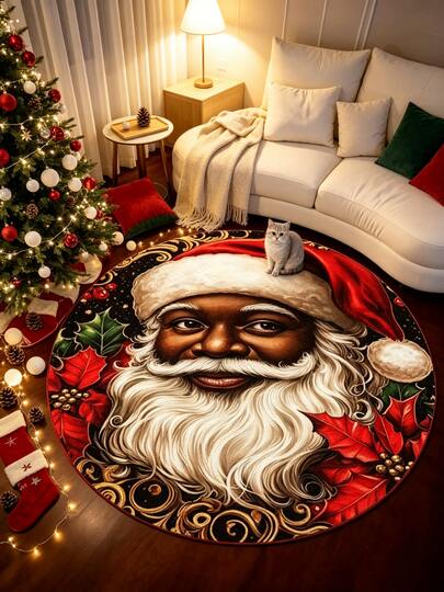 1pc Christmas Theme Round Black Santa Claus Decorative Rug, Thickened Rug, Thick Rug, Plush Rug, Autumn/Winter Rug, Thickened Rug, Decorative Rug, Bedroom Decor, Small Rug, Rug, Home Decor, Living Room Rug, Living Room Small Rug, Bedroom Rug, Living Room Home Decor, Outdoor Rug, Washable Rug