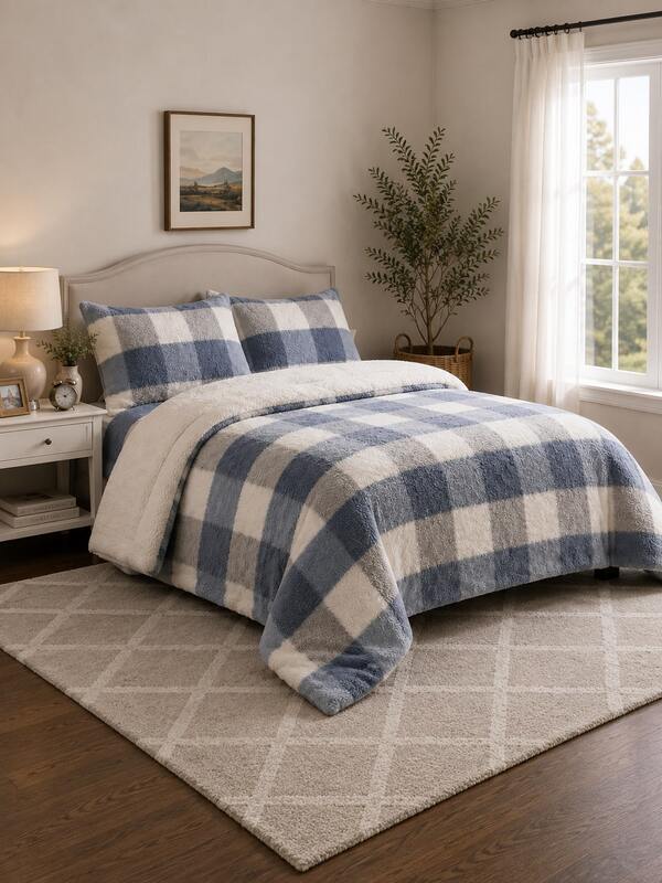Edredón Grueso de Invierno con 2 Fundas de Almohada, Exterior de Felpa y Reverso de Sherpa Borreguito, Diseño Cálido para Otoño e Invierno