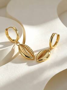 Charm-In 18K Gold Plated Copper Cowrie Shell Huggie Hoop Earrings, Textured Shell Dangle Earrings, Summer Beach Ocean Jewelry For Women Daily Wear - Gold - View 1