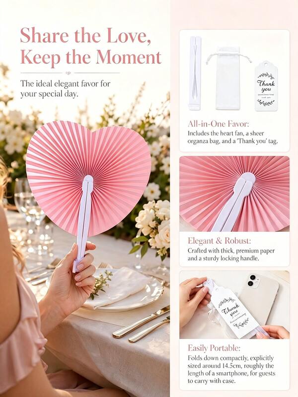 5pcs Pink Heart-Shaped Folding Paper Fan Gift Set, Includes Organza Bag And Thank You Tag, Foldable Heart-Shaped Paper Hand Fan Wedding Guest Gift Set, Romantic Heart-Shaped Paper Fan Suitable For Bridal Shower, Valentine's Day And Wedding Party Favors