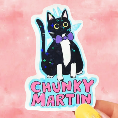 Blue Background Chunky Ma*Tin Cow Cat "Plump And Round" Cute Pet Sticker, Waterproof Vinyl Sticker - Durable Smooth Surface, Self-Adhesive Bumper Sticker, Suitable For Cars, Windows, Laptops, Trucks, Water Bottles - Multi-Purpose Durable Design, Car Sticker