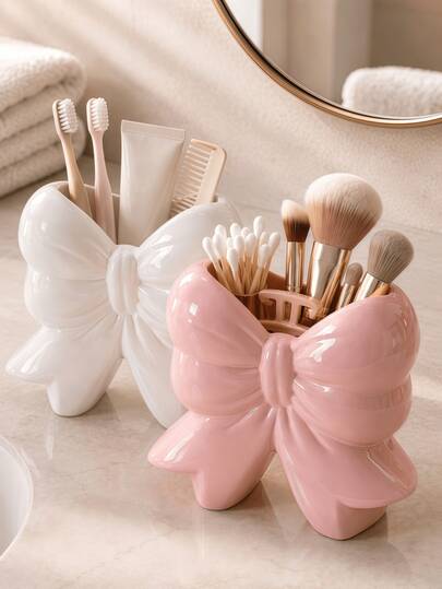 1pc Elegant Bow Design Makeup Brush Holder, Suitable For Vanity Tabletop, Cute Princess Style Cosmetic Storage Display Rack, Can Hold Brushes, Pencils, Lipsticks, Bedroom Bathroom Office Desk Decor Storage Bin