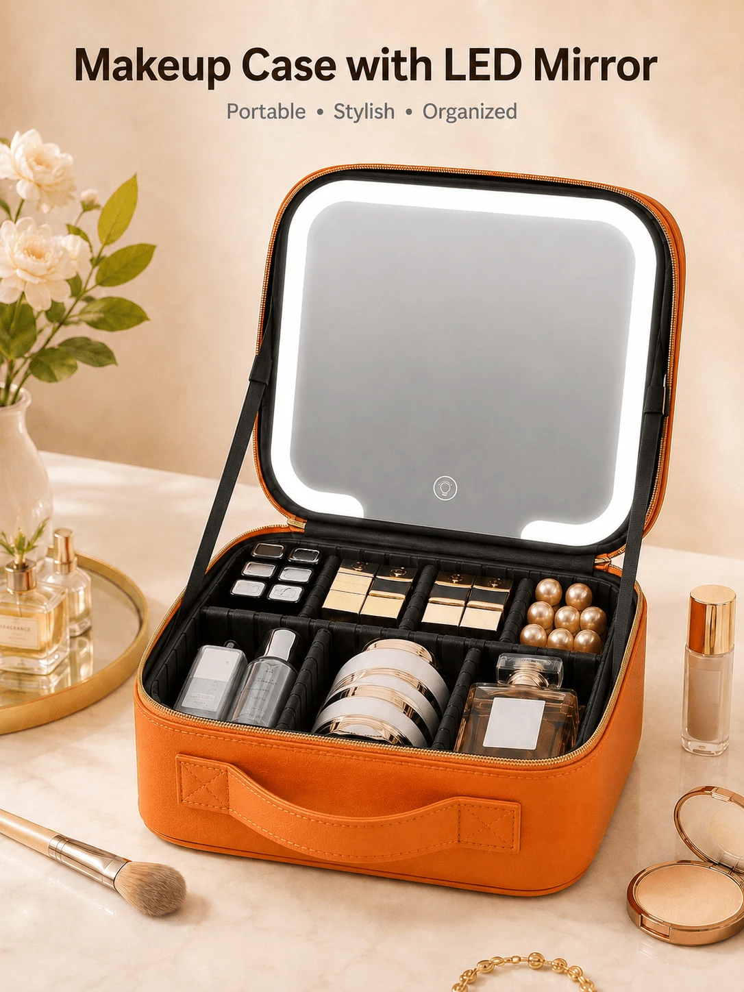 LED Makeup Mirror Cosmetic Bag, Large Capacity Cosmetic Storage, 3 Color Lights, Dimmable Touch Control, Adjustable Dividers, Portable Travel Cosmetic Organizer, Skincare, Brushes & Cosmetics, Gift For Girls And Women