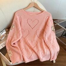 French Style Heart Hollow Sequin Pullover Long Sleeve Knit Sweater Women Loose Fit Premium Feel Top - Watermelon Pink - View 3