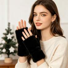 1 Pair Women's Fingerless Knit Plush Gloves, Essential For Winter Travel Warmth, 5 Colors Available - Black - View 3