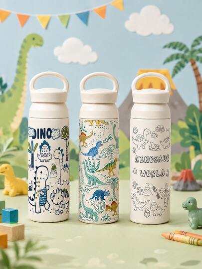 1PC SCALON Line Dinosaur Print Portable Handheld Insulated Cup, Cream White Minimalist High Aesthetic, Stainless Steel Travel Mug, Long-Lasting Vacuum Temperature Lock, Cold & Hot Dual Use; Suitable For Back To School, School, Daily Commute, Car, Outdoor Fitness, Short Trips, Fresh Girl Style Printed Water Bottle; Christmas, Halloween Gift Choice, Autumn Travel Essential, Christmas Gift, College Must-Have Item