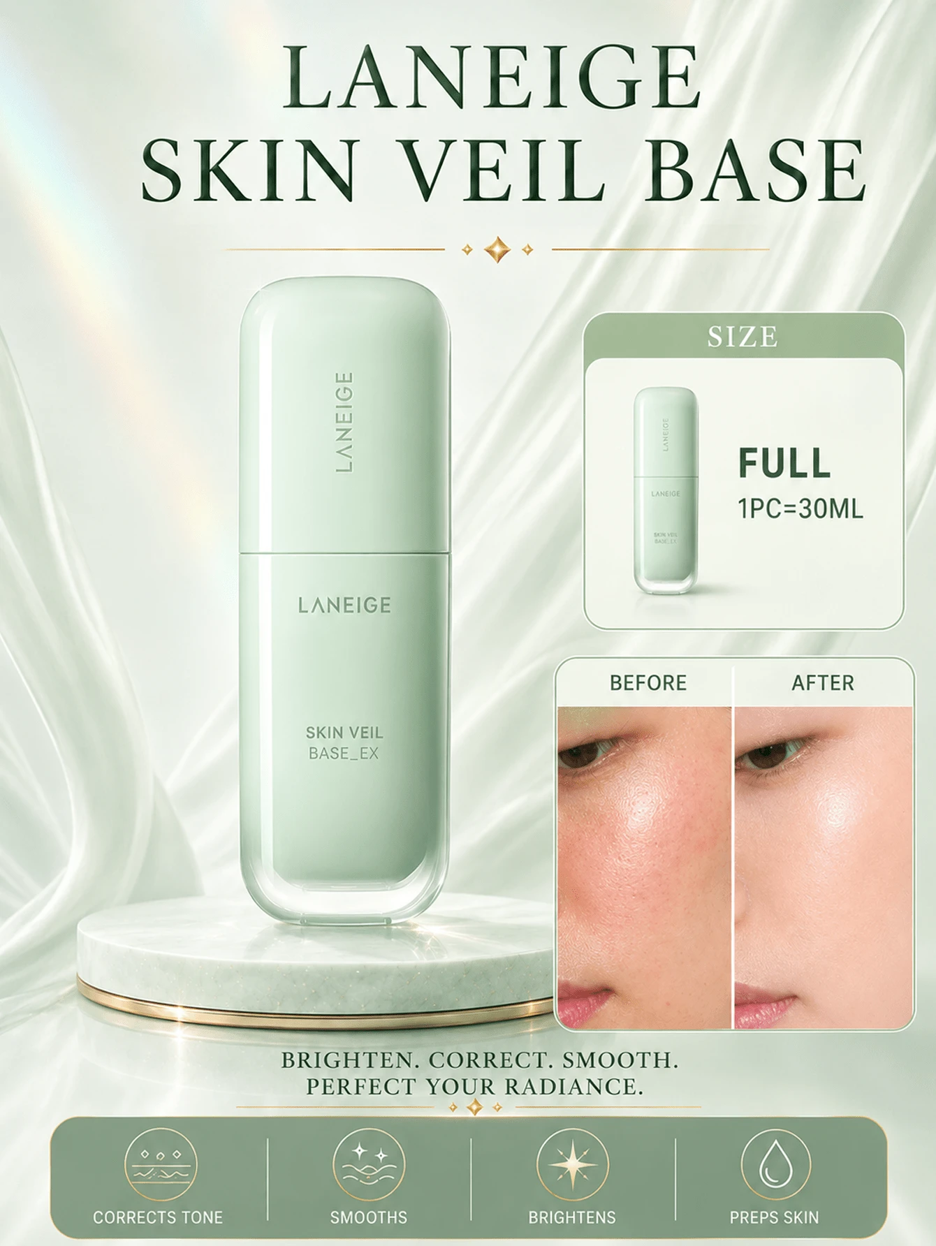 Laneige Lan-Zhi Silky Soft Makeup Base, 30ml, Moisturizing, Oil Control, Creates Natural Flawless Makeup Effect, Suitable For Sensitive/Combination Skin - Mint Green - View 1