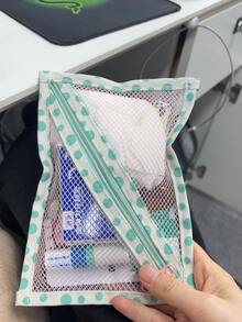 薄荷綠網格拉鍊收納袋，波點飾邊，透明旅行收納袋，可愛小化妝品收納盒，適合女性 - 彩色 - 查看 3