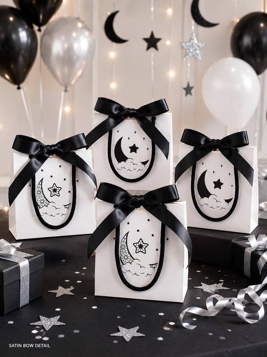 1/2/3/6 Pcs Reusable Double Sided Star Moon Print Bow Handheld Gift Bags Candy Bakery Packaging For Wedding Birthday Party Favor Lunch Shopping Pouches - Multicolor - View 1