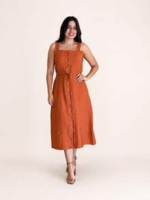 Vestido Midi Plus Size Feminino Lyocell com Botões Frontais, Amarração na Cintura e Bolsos Laterais - terracota - Visão 1