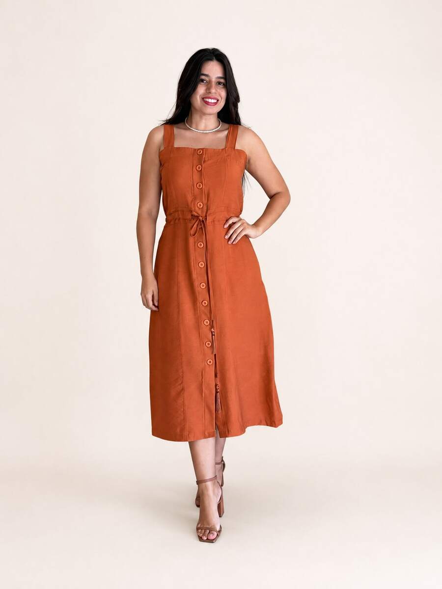 Vestido Midi Plus Size Feminino Lyocell com Botões Frontais, Amarração na Cintura e Bolsos Laterais - terracota - Visão 1