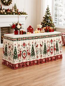 1pc Christmas Reindeer Christmas Tree Table Skirt, Nordic Country Style Polyester Red & Green Folk Floral Print Rectangular Buffet Dessert Table Cover, Suitable For Christmas Dinner, Holiday Party, New Year Home Decor - Multicolor - View 8