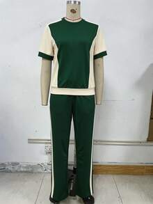春夏女款新款休閒百搭拼色學院風圓領短袖上衣與高腰寬鬆直筒長褲2件套，T恤與拼色長褲套裝，度假穿搭，旅行穿搭，海灘風，極簡度假穿搭 - 墨綠色 - 查看 1